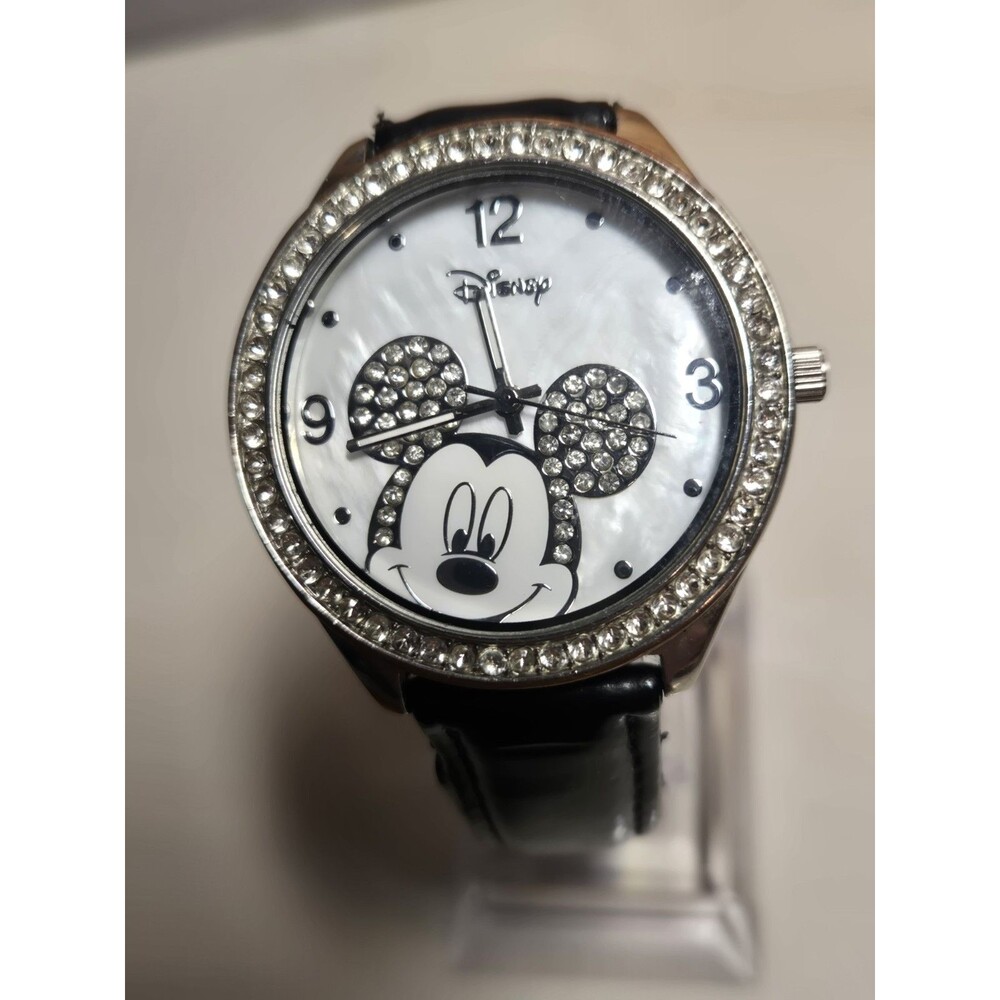 Accutime Disney Mickey Mouse Woman's Rhinestone Watch Black Leather Band